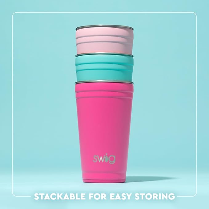 Swig Life 24oz Party Cup, Stackable Insulated Travel Coffee Tumbler with EZ Slider Lid, Cup Holder Friendly Travel, Stainless Steel 24 oz Tumbler, Reusable Mug (Rally Ready)