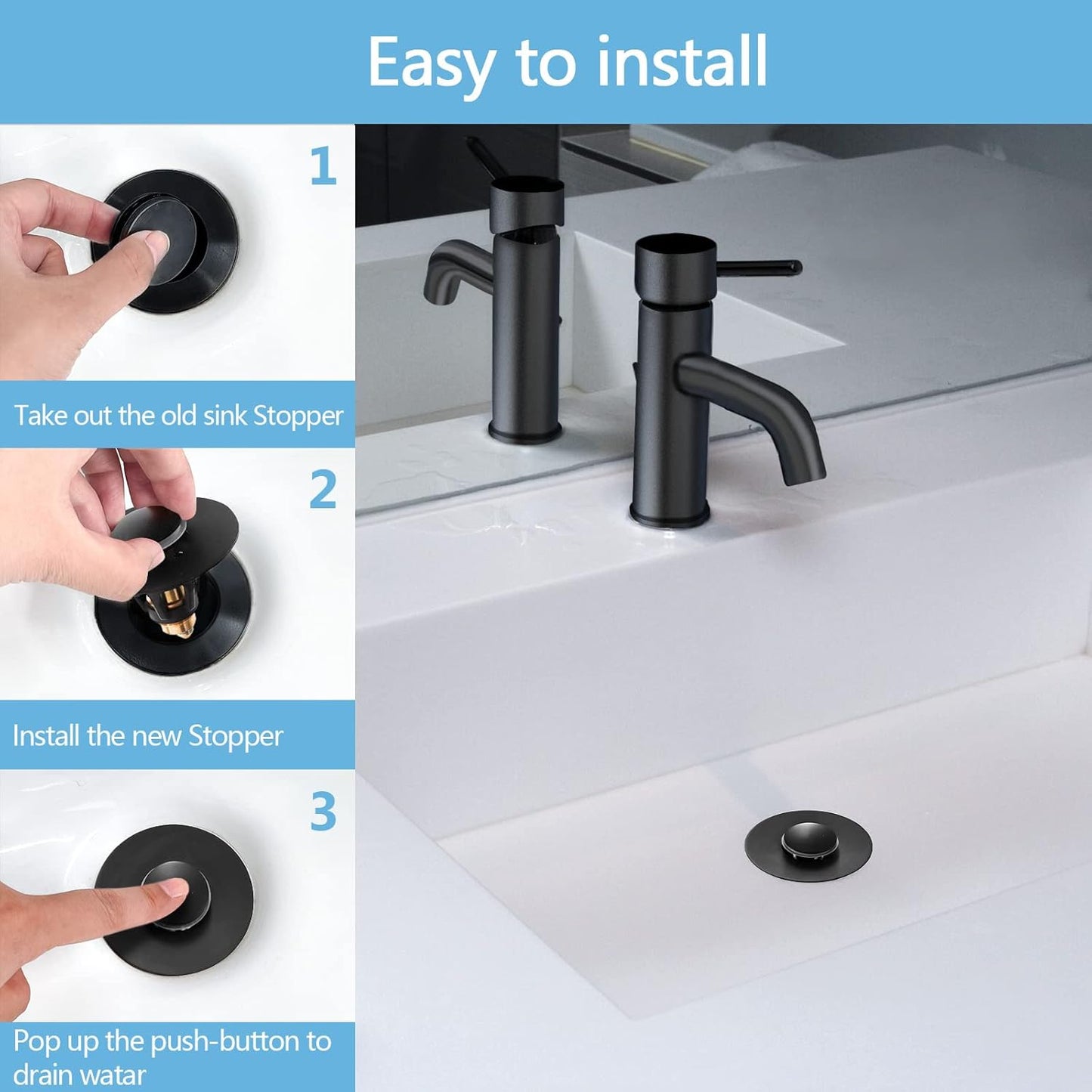 Black Bathroom Sink Stopper,Pop Up Drain Stopper for Bathroom Sink,Bathroom Sink Strainer ,Sink Plug,Universal Wash Basin Sink Stopper,Suitable for 1.1~1.5 Inch Bathroom Sink Drain Pipe (Matte Black)