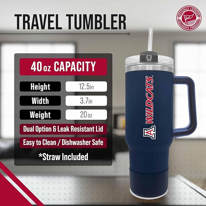 Campus Colors College & University 40 oz Travel Tumbler With Handle - Dual Option Lid With Straw - Vacuum Insulated Stainless Steel (NC State Wolfpack - Red)
