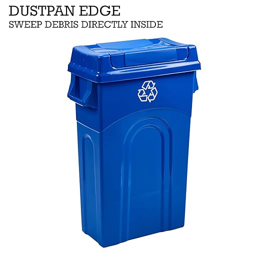 United Solutions 23 Gallon Highboy Plastic Recycling Bin Kitchen Trash Can with Lid, Pass Through Handles, and Dustpan Edge, Blue