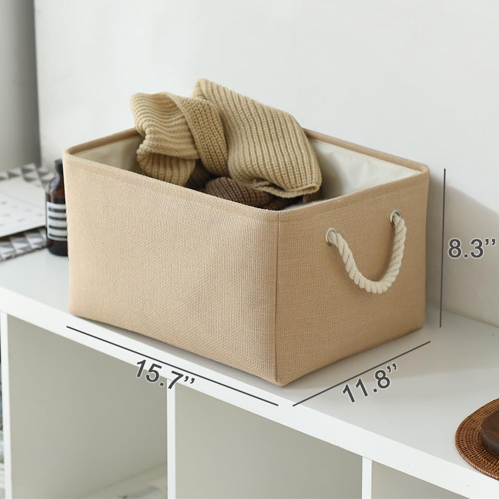 TheWarmHome Organization and Storage Bin for Shelves - Large 3 Pack 16x12x8 inch Storage Basket for Organizing, Canves Storage Cubes for Organizer Toy Closet Cloth Gift (Beige)