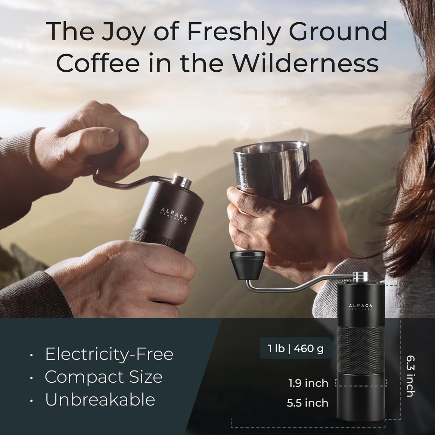 Manual Coffee Grinder by Alpaca Ventures - Stainless Steel Conical Burr Coffee Grinder Manual with Adjustable Setting Double Bearing Hand Espresso Grinder Perfect for Home, Office and Camping