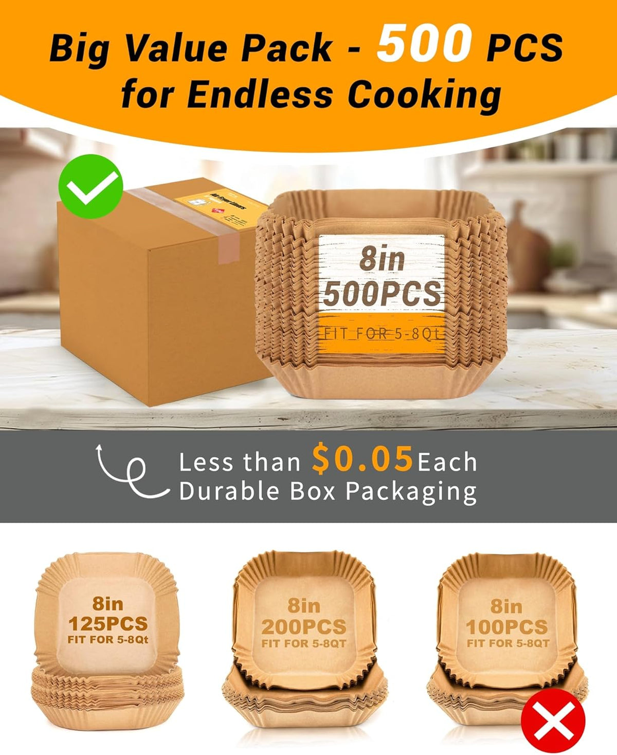 500Pcs Air Fryer Paper Liners, 8” Square Disposable Parchment Paper Liner for 5-8 QT Air Fryer, Non-Stick, Oil Proof Unbleached Airfryer for Baking, Roasting Microwave