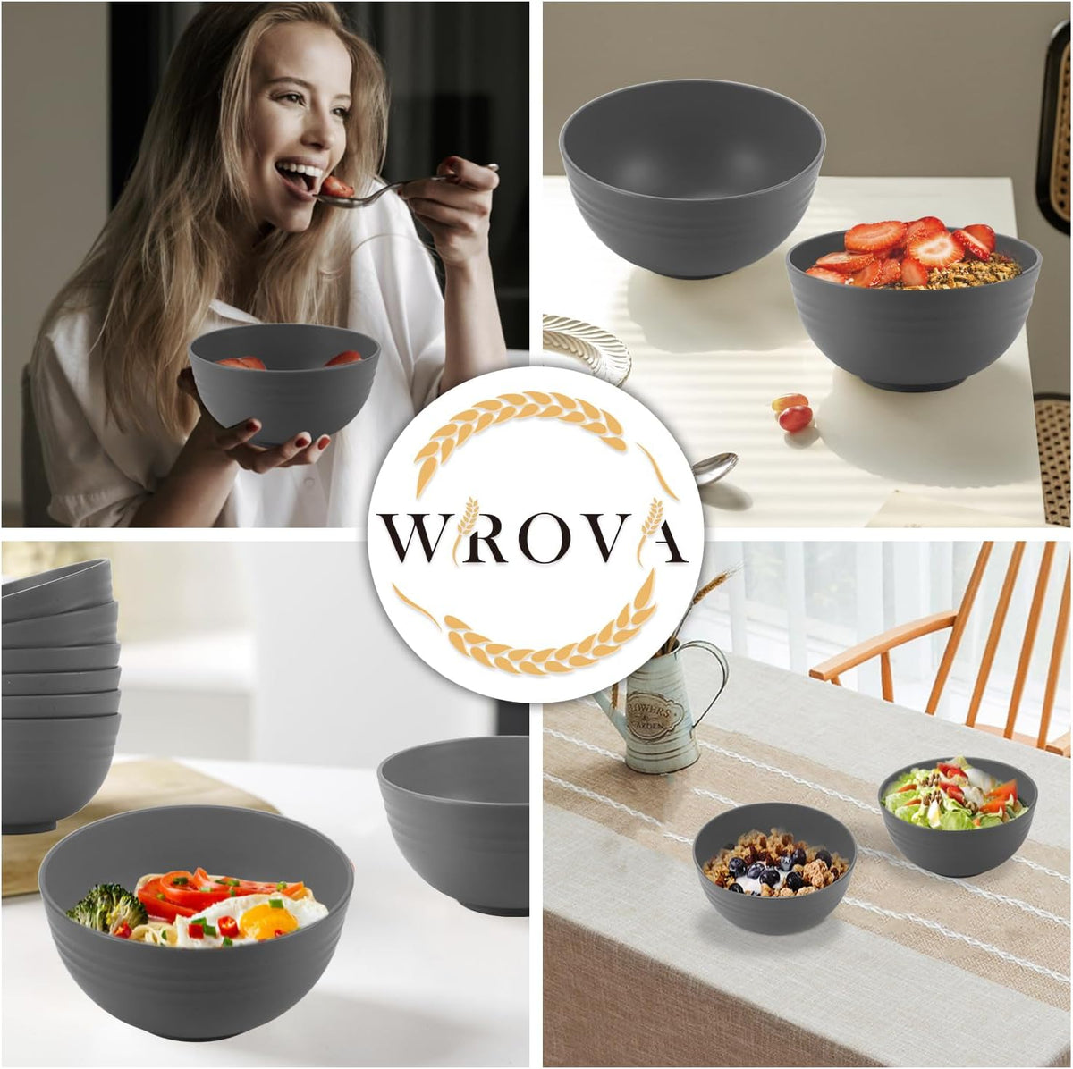 Wheat Straw Bowl Sets for Camping,8 PCS Unbreakable Cereal Bowls 26 OZ,Microwave and Dishwasher Safe Bowls,Kids Bowl suitable for cereal,salad,snack and soup (Deep Grey)
