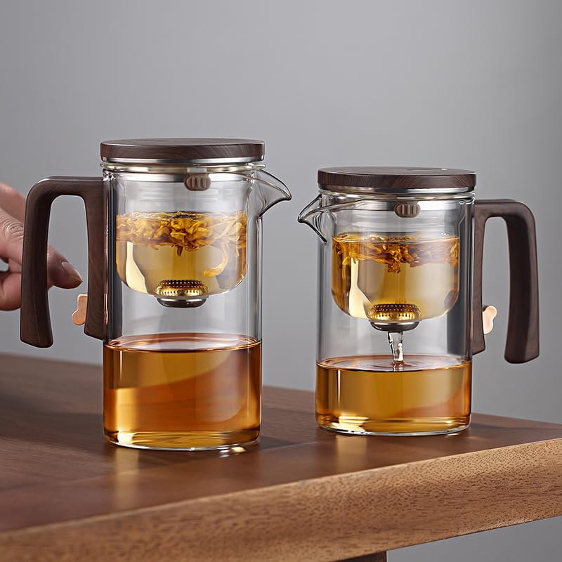 Enchanti Magic Tea Pot, 900ML Water Separation Glass Teapot with Wooden Handle, Press Control Enchanti Tea Infuser with Strainer for Loose Leaf Witchcraft Tea Kettle