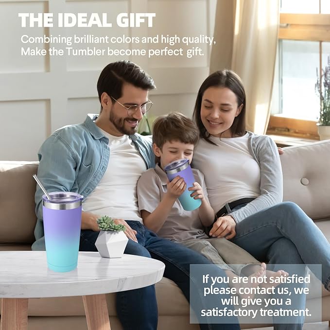 Volhoply 20oz Stainless Steel Tumbler with Lid and Straw,Double Wall Insulated Travel Iced Coffee Mug Fits Cup Holder,Powder Coated Cups for Hot and Cold Drinks,Gifts for Women Men(Purple Bule,1 Set)