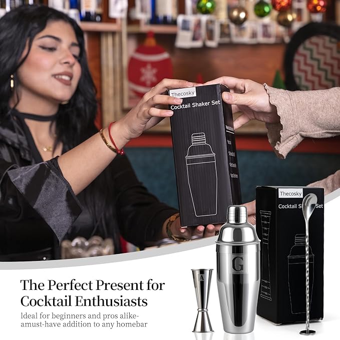 24oz Cocktail Shaker Set with 1 oz 2oz Jigger - Monogramm Initials Martini Shaker Set - 304 Stainless Steel Bar Shaker for Margarita,Mojito-Personalized Gift for Friend,Husband -L