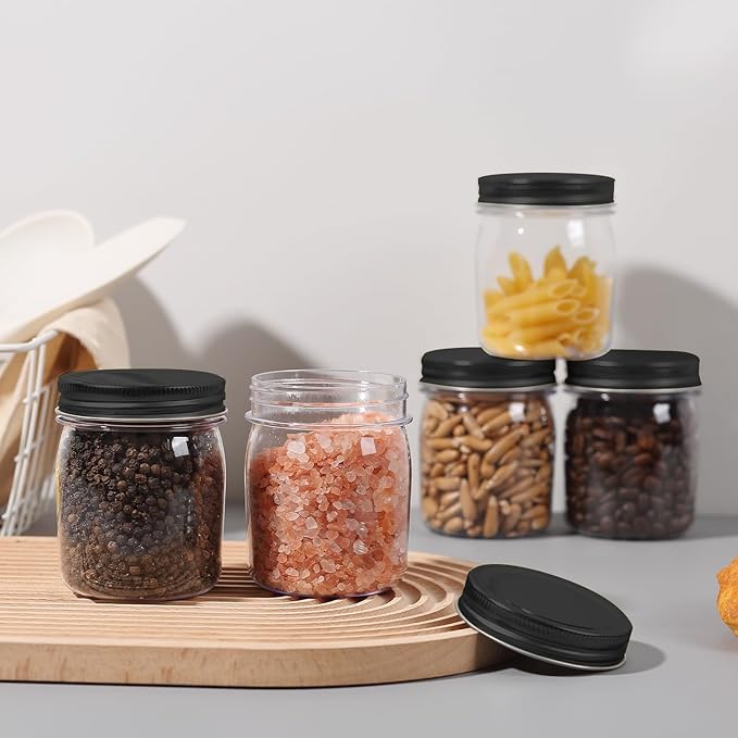 novelinks 8 oz Clear Plastic Jars with Airtight Lids, 48 Pack Plastic Mason Jars with Lids 8oz, Refillable Storage Slime Containers & Small Spice Jar for Kitchen Organization (48 Pack,Black)