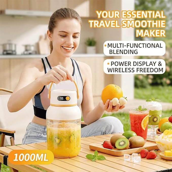 Portable Electric Juicer Cup with Zero Cord Hassle, 800-1200ML Personal Rechargeable Blender Portable for Shakes and Smoothies, with 36 Stainless Steel Blades, Straw and Two Lids (1200ML/42.33OZ)