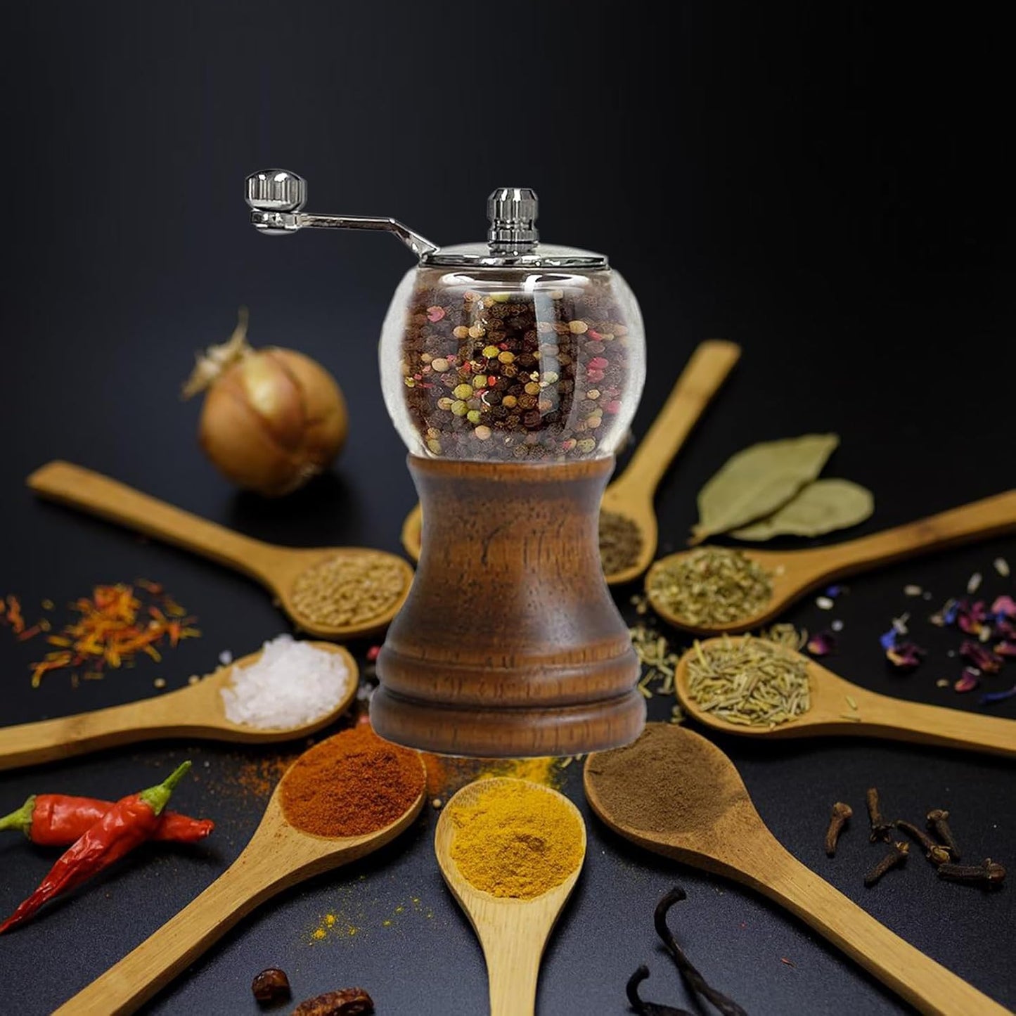 Pepper Mill Set,Manual Pepper Mills, Classical Roast Black Manual Pepper Grinder Set,Hand Shake Salt Mill,Retro Wood, Acrylic,Ceramic Blades,Enjoy Fresh Pepper Spices (Walnut color 2pcs-5in)