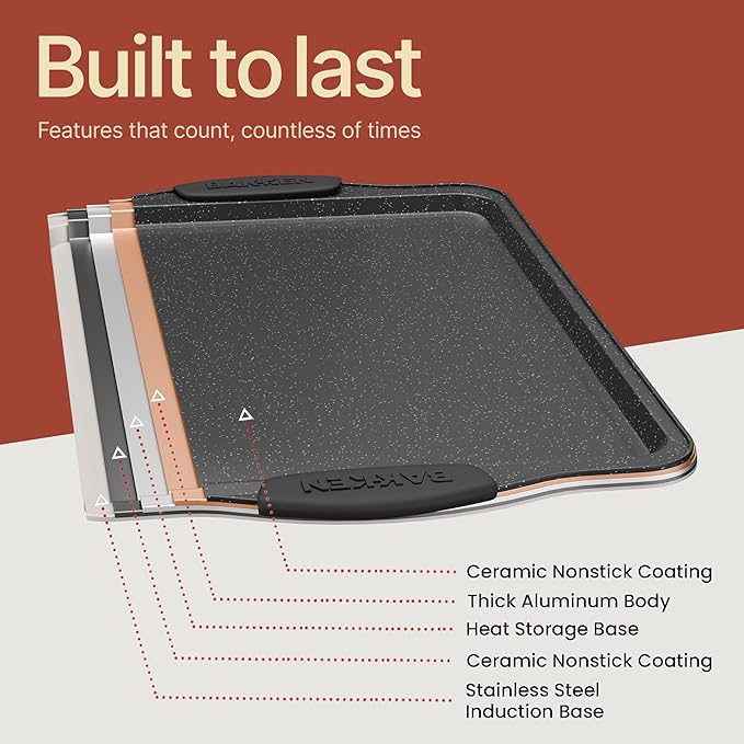 BAKKEN Kitchen Baking Pans - Medium (15.15 × 10.03") and Large (17.1 x 11.8") Nonstick Sheets, Carbon Steel Cookie Sheets with Gray Silicone Handles, PFOA, PFOS, PTFE Free, Oven Safe (450°F), Set of 2