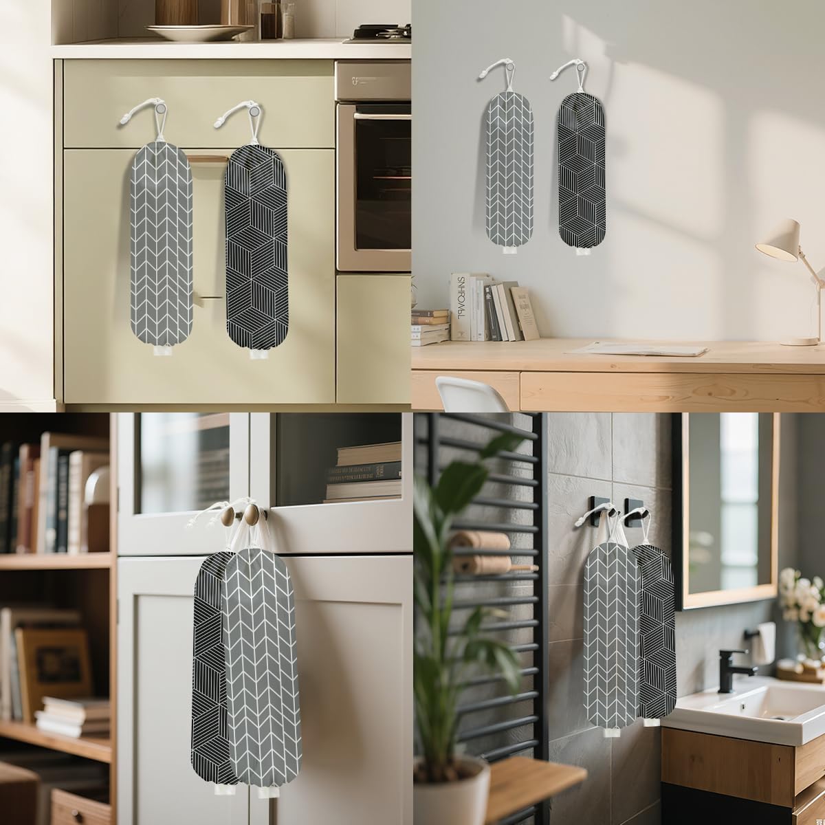 2Pcs Gray Geometric Lines Plastic Bag Holder, Wall Mount Grocery Bag Holder for Plastic Bags, Black Cube Abstract Art Reusable Organizer Grocery Bags with Drawstring for Kitchen Home Pantry