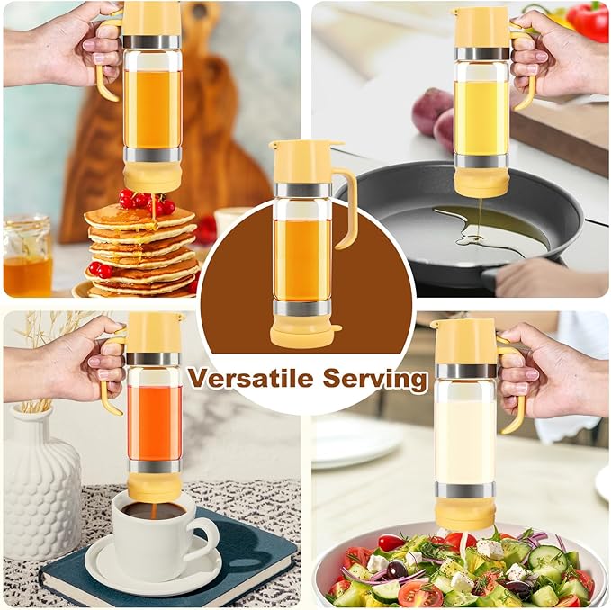 Glass Honey Dispenser No-Drip with Handle โ 12 oz Maple Syrup Jar Dispenser for Coffee, Pancakes & Waffles โ Elegant Glass Syrup Container for Easy Pouring โ Honey Jar for Kitchen & Breakfast Table