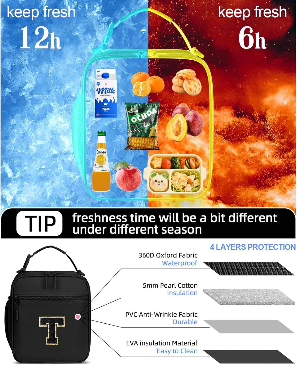 Initial Insulated Lunch Bag for Boys Kids, Back to School Gift, Reusable Leak-proof Lunch Box with Adjustable Strap for School Daycare Travel Picnic(Black,T)
