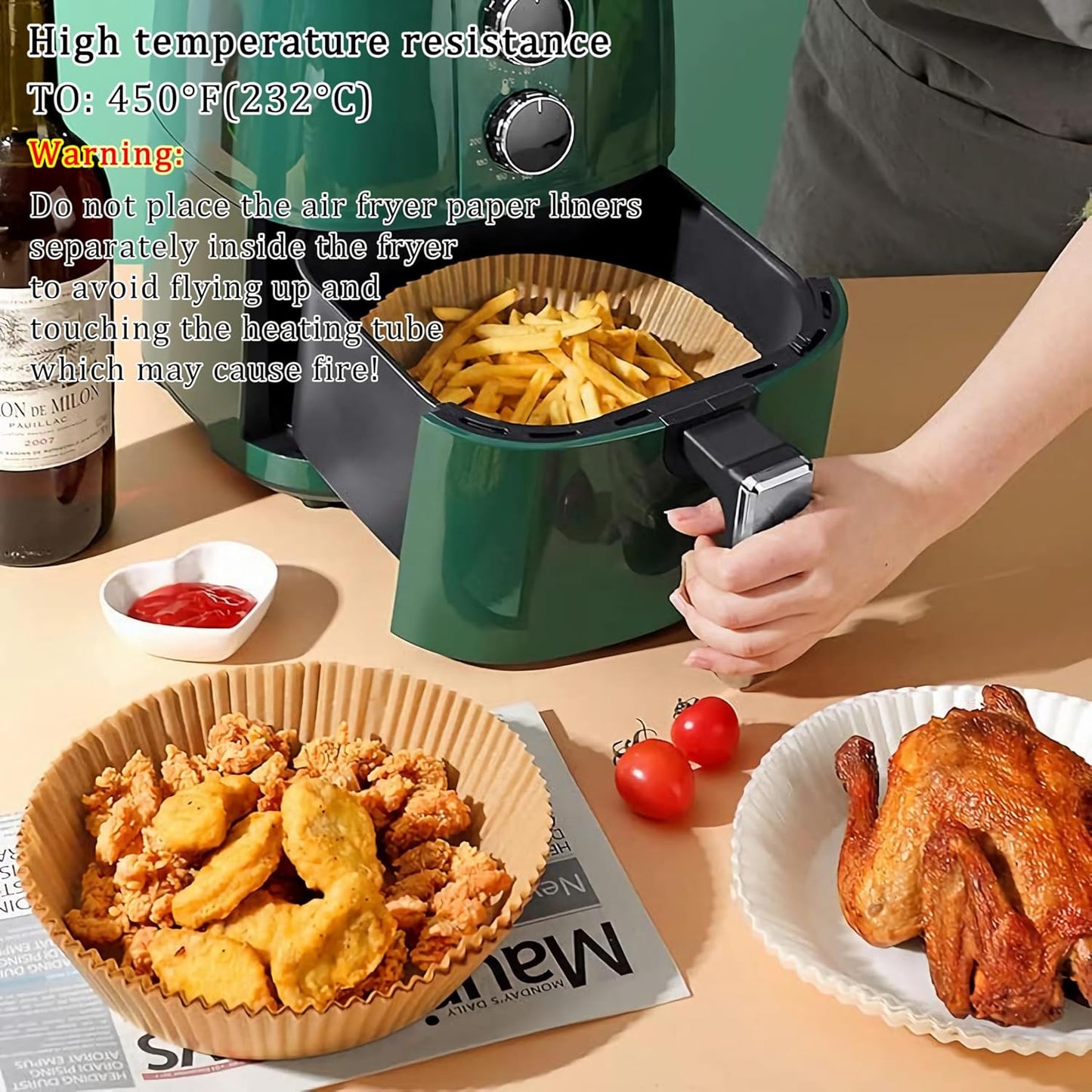 Air Fryer Liner Round,100PCS 6.3 inch Disposable Liners for 2 to 4.9Qt Air Fryer,Unbleached Non-stick Non-leak Airfryer Parchment Paper liner