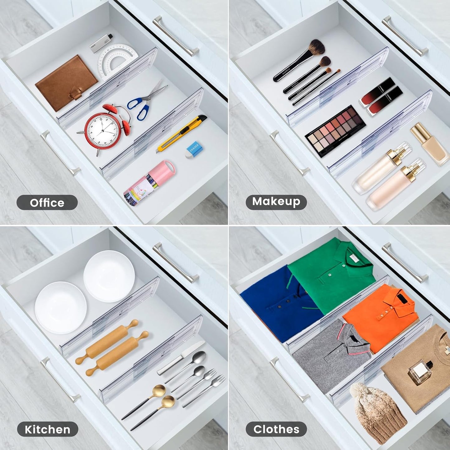8 Pack Adjustable Drawer Dividers for Clothes,5" High Expandable From 13-22" Clear Drawer Organizers, PC Plastic Separators for Dresser/Bedroom/Bathroom/Kitchen/Office Storage