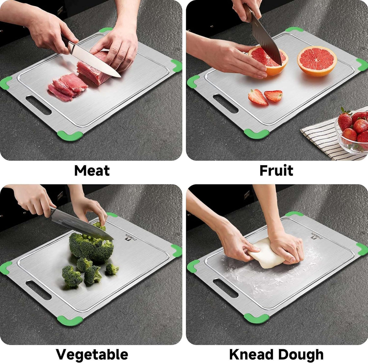 100% Pure Titanium Cutting Board with Grooves, Update Double Side Titanium Chopping Board, Silicone Anti-slip Stainless Cutting Boards for Kitchen 12 * 18 IN, Green