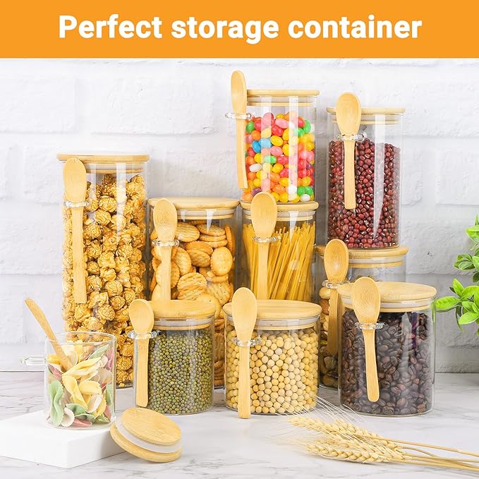 Glass Storage Jars with Lids - 2 Pack 54 Fl.oz Round Glass Pasta Containers with Airtight Bamboo Lids and Spoon, Includes Labels, Marker and Brush, Large Kitchen Jar for Cereal, Rice, Flour