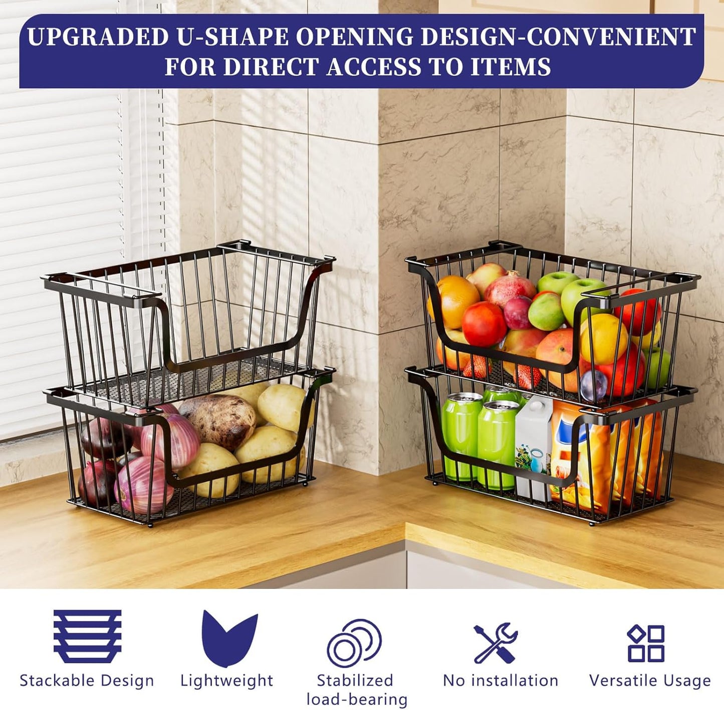 Enhanced Leak-Proof Bottom Stackable Wire Baskets, 4 Pack Pantry Organizers and Storage, pantry storage,Shelf Baskets, Fruit Basket, Potato and Onion Storage Bins,(Black)