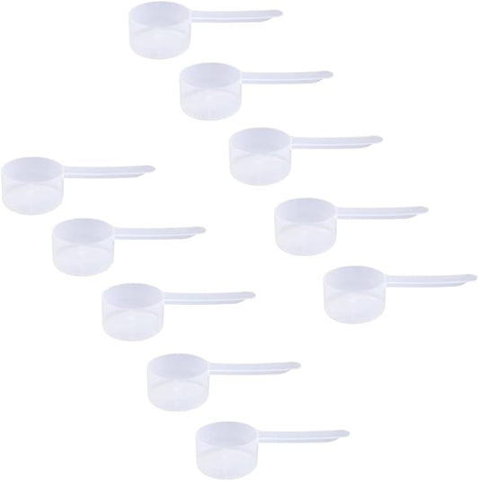 Plastic Measuring Scoop, (39 cc | 2.63 tbsp | 1.32 fl oz. | 39 mL) Long Handle Spoons for Powders, Granules, Coffee, Pet Food, Baking Supplies, Protein and Other Dry Goods, BPA Free (Set of 10)
