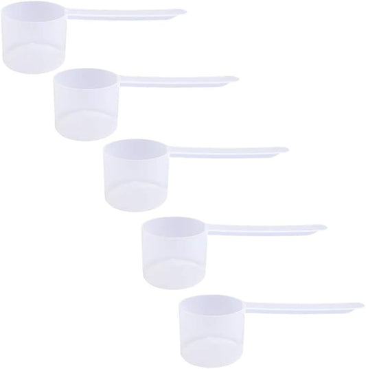 Plastic Measuring Scoop, (50 cc | 10 tsp | 3.33 Tbsp | 50 mL) Long Handle Spoons for Powders, Granules, Coffee, Pet Food, Baking Supplies, Protein and Other Dry Goods, BPA Free (Set of 5)