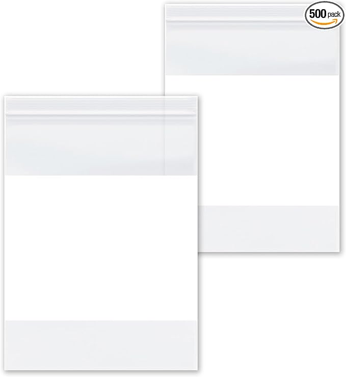 PSBM 500 Count 4 Mil 12 Inch x 15 Inch, White Block Reclosable Poly Bags, With Write-On Block, Clear Zip Plastic Bag, Lock Seal Zipper For Packing, Storing, Organizing & Shipping Products