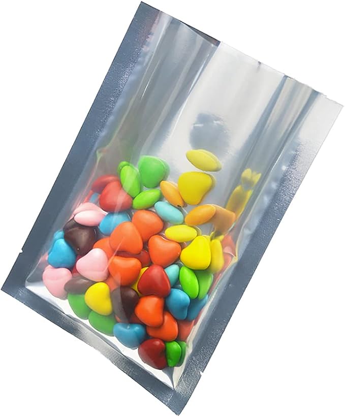 Silver Aluminum Foil Pouch Heat Seal Front Window Plastic Mini Open Top Flat Vacuum Packaging Mylar Bag Food Small Sample Mylar Storage with Tear Notch (500, 6x9cm(2.3x3.5 inch))