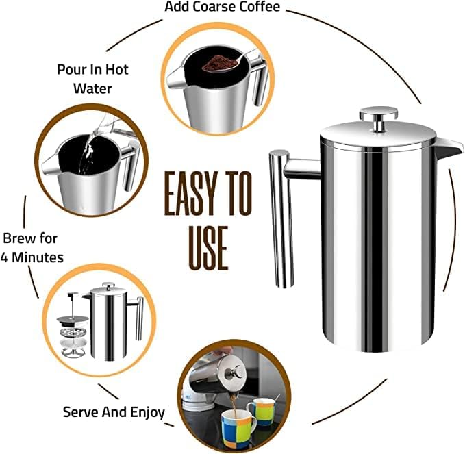 Utopia Kitchen Stainless Steel French Press Coffee Maker 50 Oz, French Press Tea Maker, Cold Brew Portable Travel Coffee Presses, Tea Press Gifts Silver