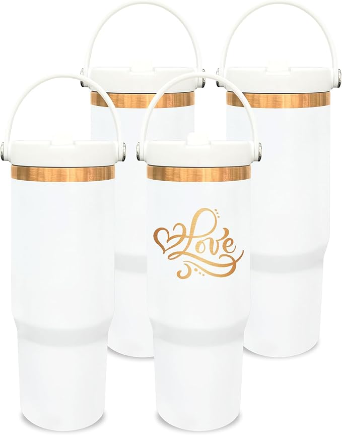 30 oz Tumbler Bulk with Handle and Straw, Vacuum Insulated Tumblers with Flip Straw and Top Handle, Leakproof Powder Coated Tumbler, Stainless Steel Travel Mug for Coffee Water (White, 4 Pack)