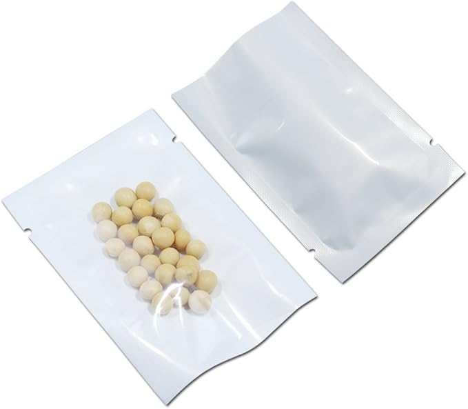 PABCK 100Pcs 4.7x7.1 inch(Usable Size 4.3x6.7 inch) White Front Clear Open Top 2.8mil Plastic Vacuum Pouch Heat Sealable Bags for Food Storage Packets Mini Sample with Tear Notches