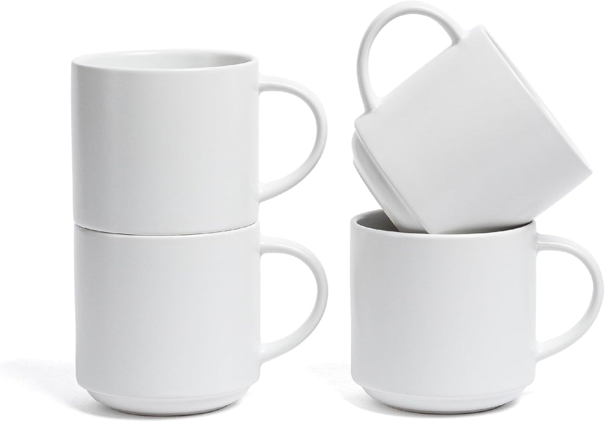 over&back Coffee Mugs Set of 4 – 14oz Ceramic Coffee Mug for Tea, Latte & More – Stackable Stoneware Coffee Cups with Semi-Matte White Finish – Durable & Stylish Drinkware