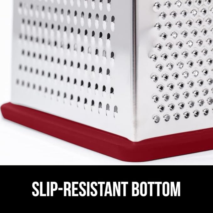 GORILLA GRIP 4-Sided 100% BPA-Free Cheese Grater With Container, Stainless Steel XL Box Graters, Parmesan Shredder, Grate Cheeses, Shred Veggies, Slip Resistant Handle, Dishwasher Safe Zester, Red