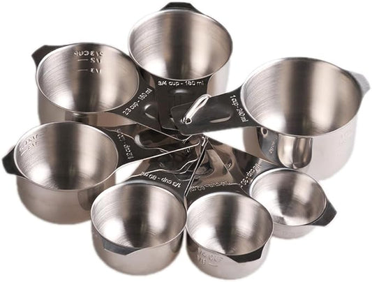 Measuring Cups Set 7, 18/8 Stainless Steel Measuring Cups for Kitchen & Baking, Metric & US Measure Cups for Dry and Liquid, Metal Measuring Tools with 1/8, 1/4, 1/3, 2/3, 3/4 Measure Cups