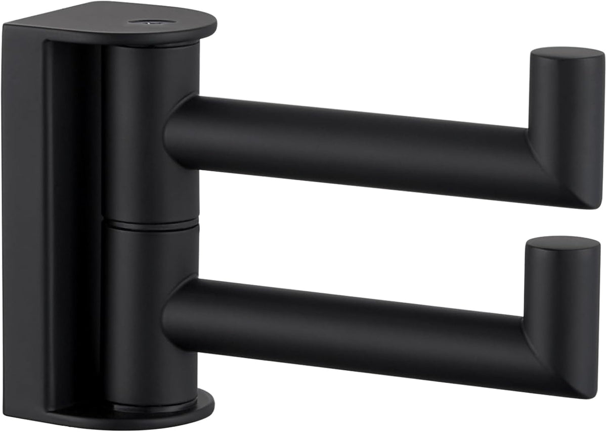 APLusee Swivel Towel Hook 2 Arms Matte Black, 304 Stainless Steel Bathroom Double Towel Holder, Folding Robe Hook Wall Mounted