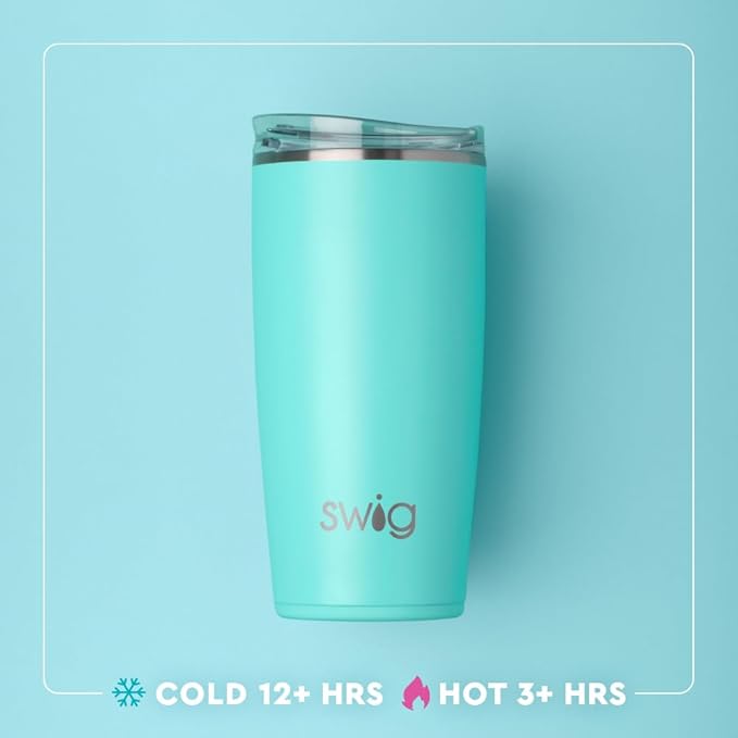 Swig Life 22oz Insulated Tumbler, Travel Coffee Tumbler with Lid, Cup Holder Friendly Travel Coffee Mug, Stainless Steel, 22 oz Tumblers, Reusable Insulated Mug with Lid (High Tide)