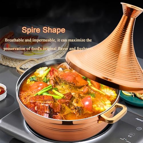 Large Stainless Steel Moroccan Tagine Pot, 30cm Non-Stick Tajine Casserole with Cone Lid & 2 Handles, Elegant Gold Finish for Authentic Moroccan Cooking