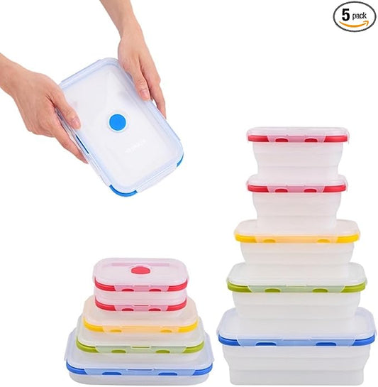 ECOBERI Collapsible Silicone Food Storage Containers Set of 5, BPA-Free Food-Grade Silicone, Airtight Snap Lids, Microwave, Freezer & Dishwasher Safe, Space-Saving Meal Prep & Lunch Containers