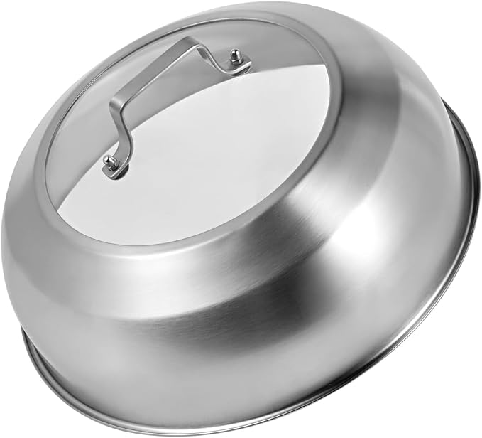 13.5 Inch Stainless Steel Basting Cover, Melting Dome for Griddle Cooking, Round Steaming Cover Lid with Tempered Glass Top and Steam Holes, Dishwasher Safe (13.5")