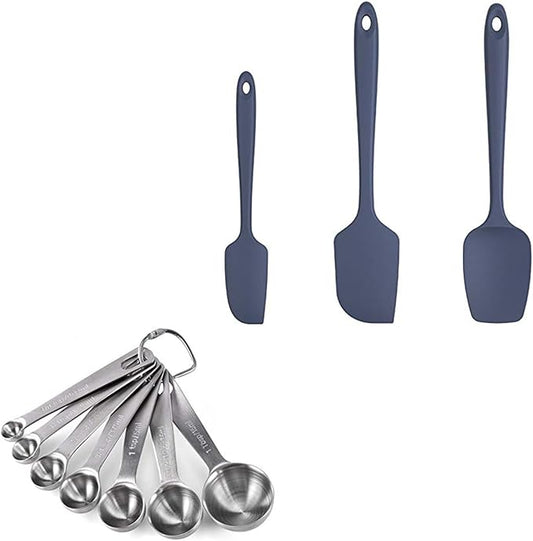 U-Taste 18/8 Stainless Steel Measuring Spoons Set of 7 Pieces, U-Taste 600ºF Heat Resistant Silicone Spatula Set of 3 (Midnight Blue)