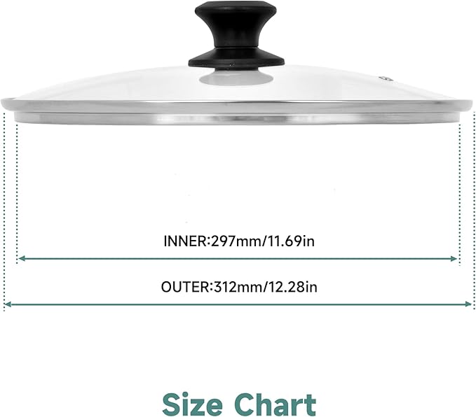 12 In Glass Lid for Frying Pan, Tempered Replacement Cover Compatible with All 12 inches Cookware for Skillets, Round Cast Iron, Cast Aluminium, Stainless Steel Pans &Pots