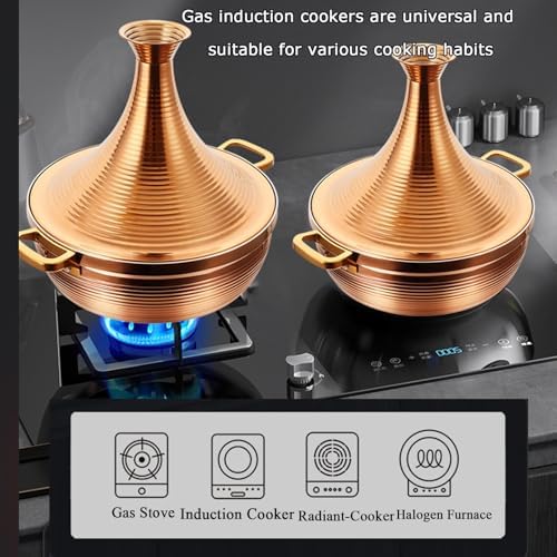 Large Stainless Steel Moroccan Tagine Pot, Non-Stick 30cm Tajine Casserole with Cone Lid & 2 Handles, Elegant Gold Design for Authentic Moroccan Cooking