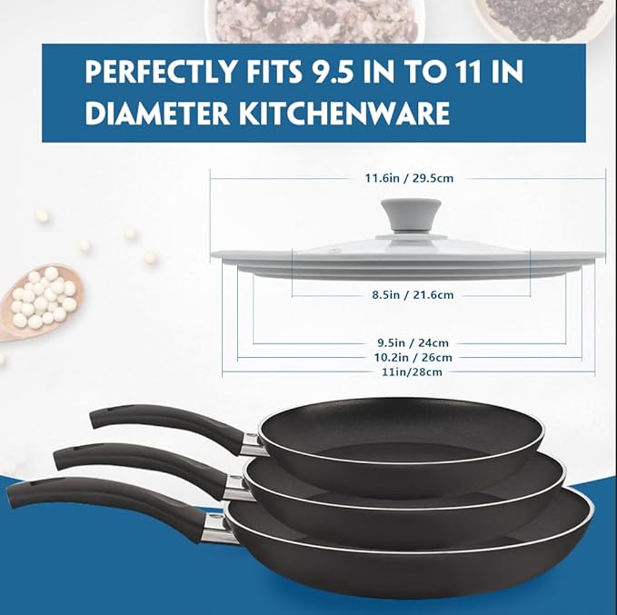 TOPULORS Universal Lid for Pots, Pans and Skillets, Tempered Glass with Silicone Rim Fits All 9 to 11 Inch Diameter Cookware, Replacement Lid, Grey