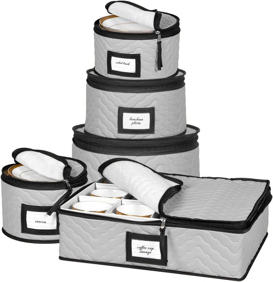 China Storage Containers 5-Piece Set Moving Boxes for Dinnerware, Glasses, Plates, Mugs and Saucers Sturdy Quilted Microfiber Dish Organizer with Dividers for Seasonal Storage - Gray