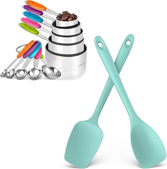 U-Taste 18/8 Stainless Steel Measuring Cups and Spoons Set of 10 (Multi) and 600ºF Heat Resistat Silicone Flexible Baking Spoon Spatula & Cooking Scoop Spoonula (Aqua Sky)