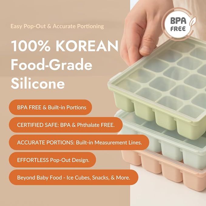 Baby Food Storage Silicone Cubes with Clip-On Lid Freezer Tray Baby Food Soups Purees Ice Easy and Safe Design Made in Korea (20 Sand Beige)