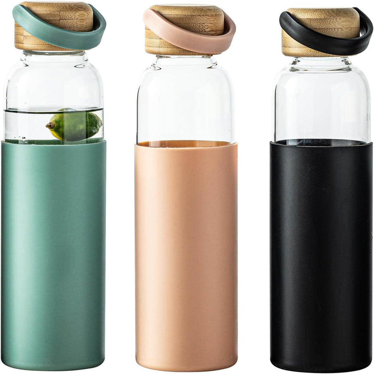 21oz Borosilicate Glass Water Bottles with Silicone Non-Slip Sleeve & Leak-Proof Lid-Reusable Drink Bottle for Office,Travel,Gym,Hiking-BPA Free,Ideal Gift for Home,Car &Fitness (Pink+Black+Green)