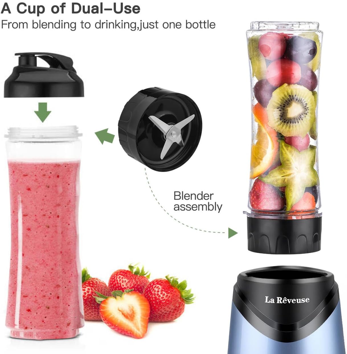 La Reveuse Smoothies Blender Personal Size 300 Watts with 18 oz BPA-free Portable Travel Sports Bottle (Light Blue)