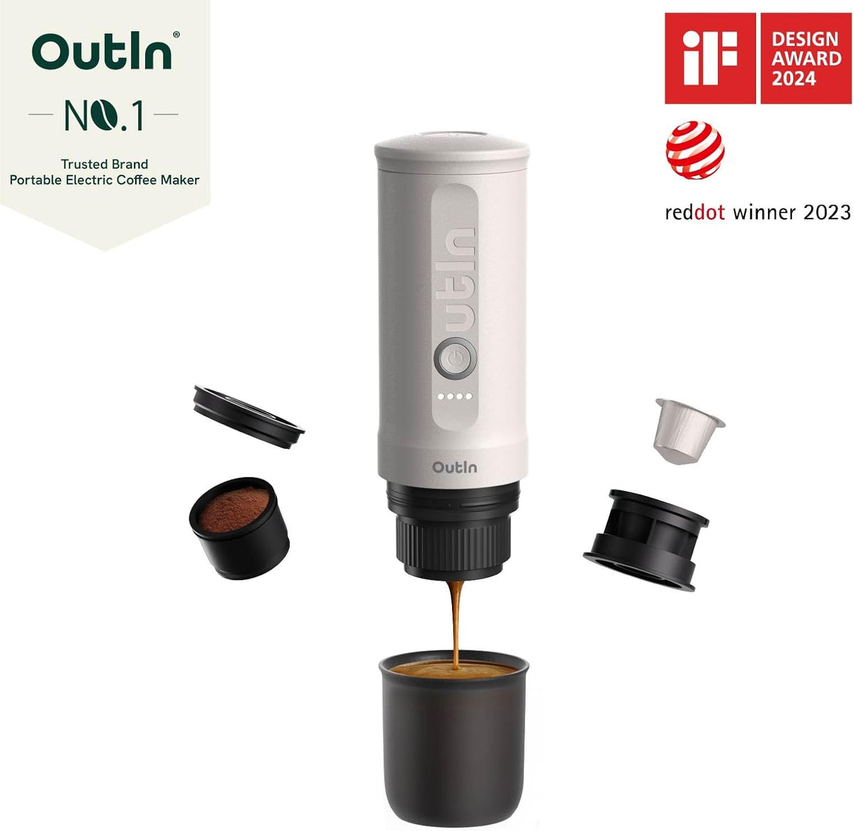 OutIn Nano Portable Electric Espresso Machine, Travel Coffee Maker for Camping, Car Coffee Maker Self-Heating with USB-C, With Ground Coffee & NS Capsule for RV, Hiking, Office