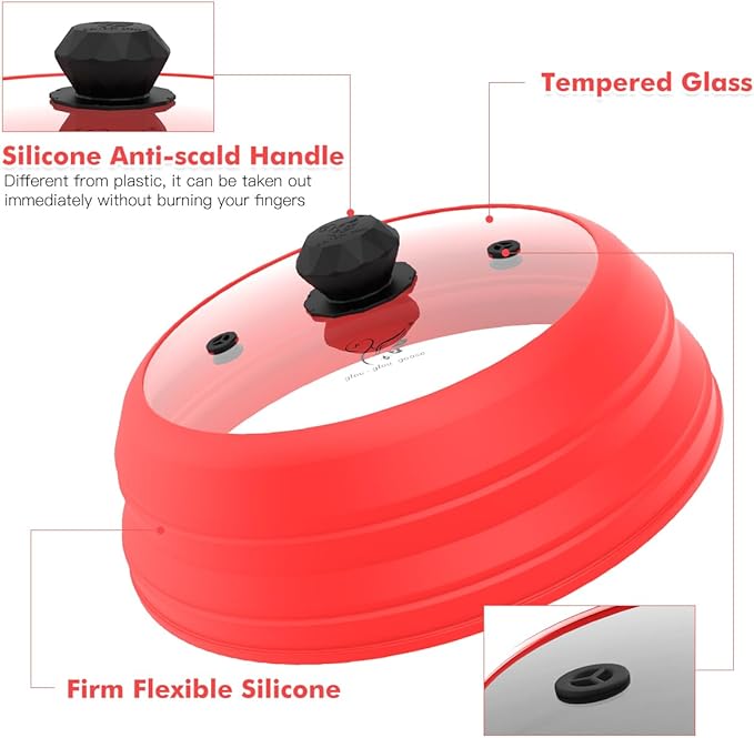 Microwave Splatter Cover Vented Glass Splatter Guard Lid with Collapsible Silicone for Food as Pot Cover Plate 10.8 inch for 6 7 8 9 10 inch Plate Bowl Red
