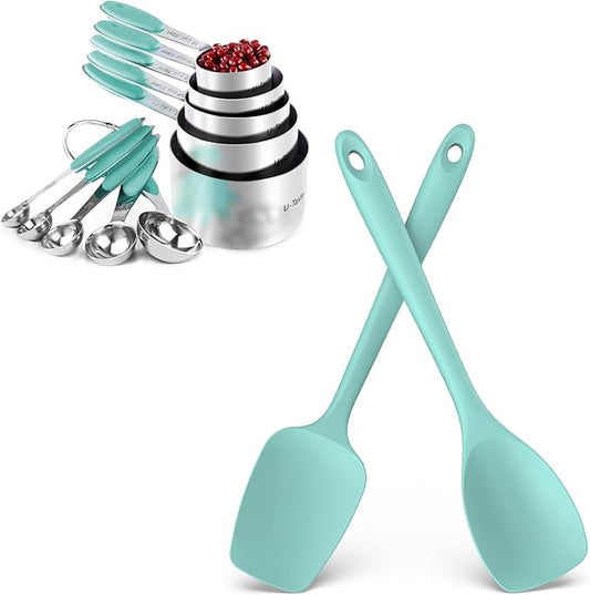 U-Taste 18/8 Stainless Steel Measuring Cups and Spoons Set of 10 and 600ºF Heat Resistat Silicone Flexible Baking Spoon Spatula & Cooking Scoop Spoonula (Aqua Sky)